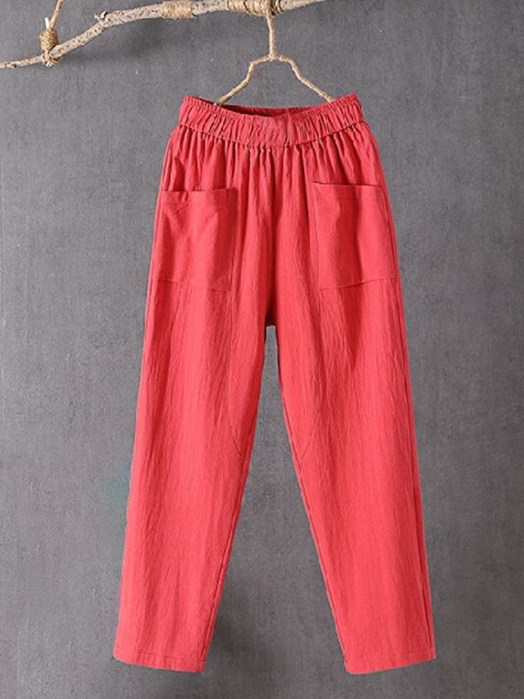 Pantaloni da donna in misto lino con tasche e vita elastica