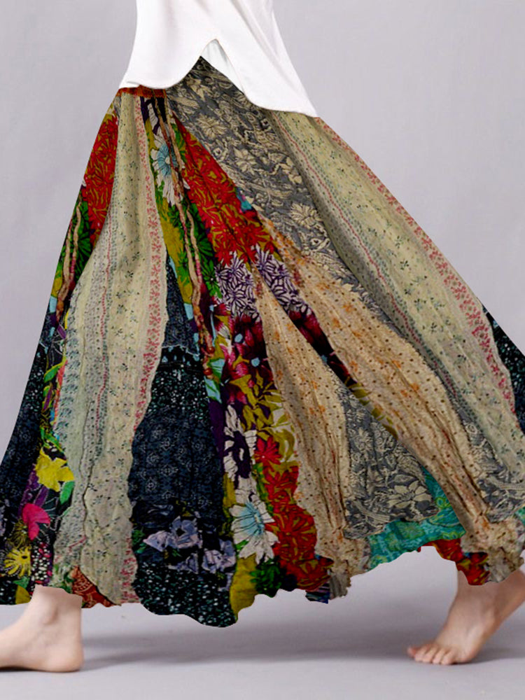 Gonna ampia fluente in lino misto patchwork boho vintage