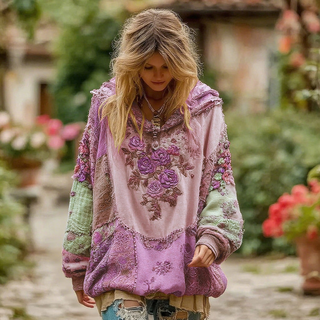 Felpa con cappuccio da donna con motivo floreale vintage