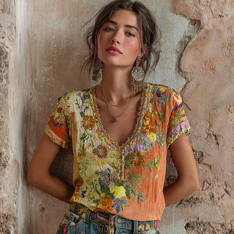 T-shirt en mélange de lin brodé floral bohème à col en V contrastant pour femme