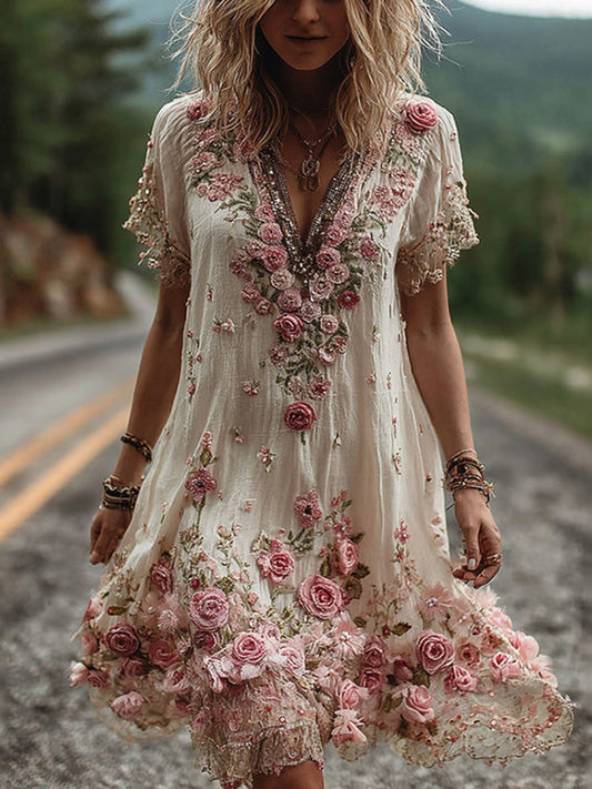 Robe Courte à Manches Courtes Broderie Florale Vintage