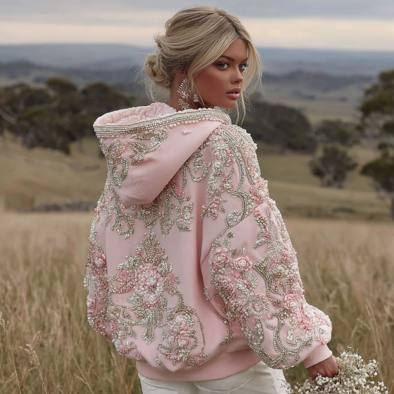 Sweat à capuche à manches longues pour femme avec broderie florale rose