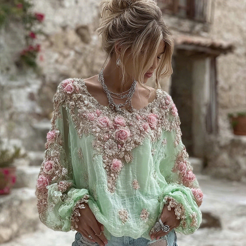 T-shirt en mélange de lin à manches longues, col rond et broderie florale rose vintage pour femme