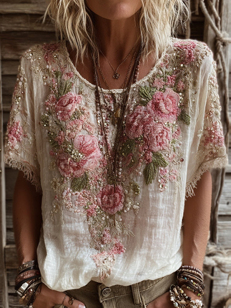 T-shirt Femme Col Rond Manches Courtes Broderie Rose Art Lin Mélangé