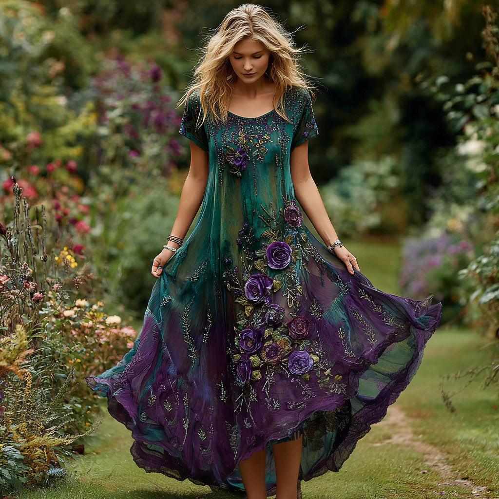Robe femme vintage à broderie florale dégradée et col rond