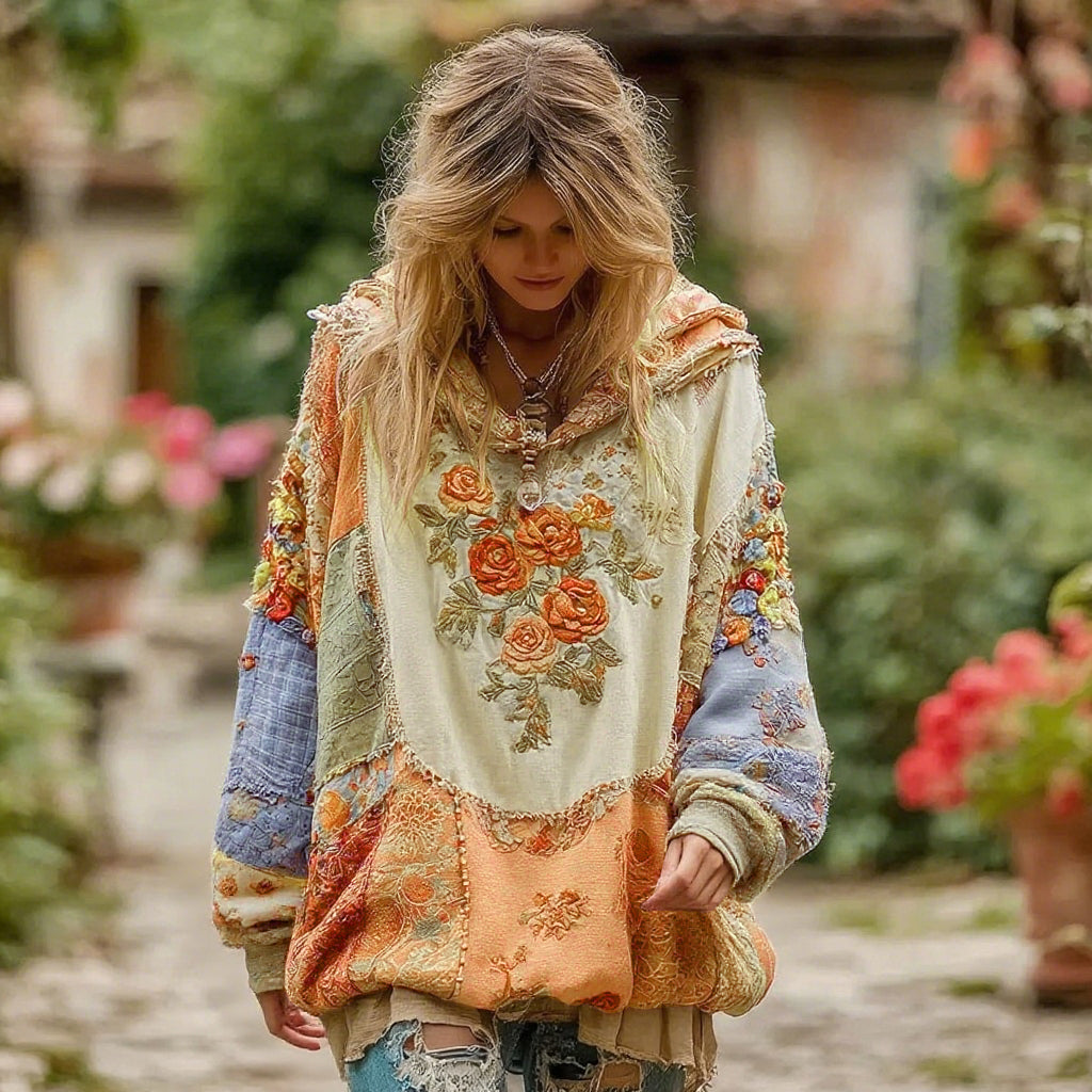 Felpa con cappuccio da donna con motivo floreale vintage