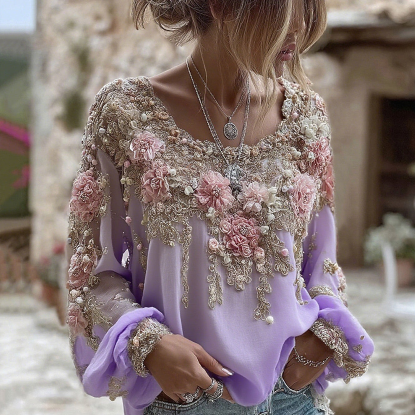 T-shirt en mélange de lin à manches longues et col rond avec broderie rose pour femme