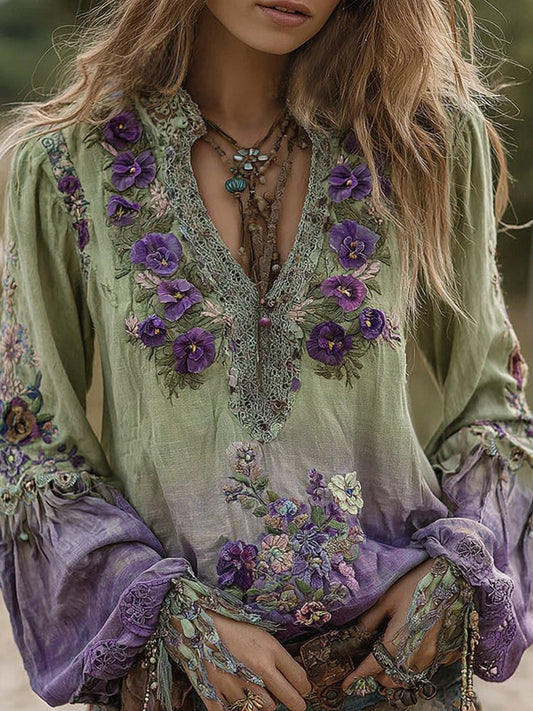 Chemisier à manches longues en lin brodé de pensées dégradées violettes, style vintage et chic