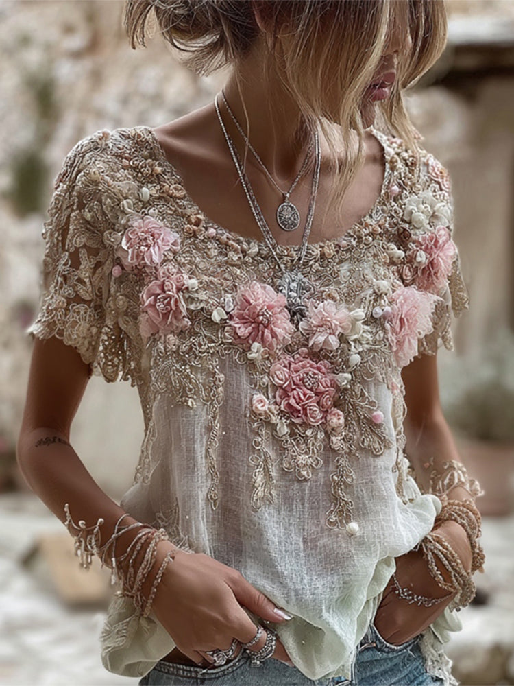 T-shirt Femme Col Rond Manches Courtes Broderie Rose Art Lin Mélangé