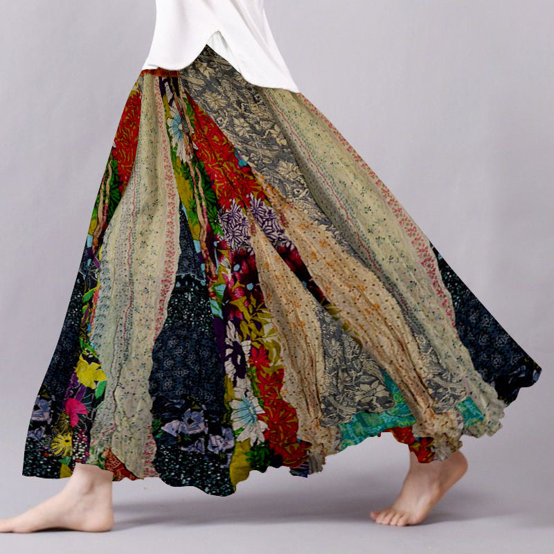 Gonna ampia fluente in lino misto patchwork boho vintage