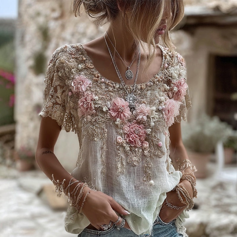 T-shirt Femme Col Rond Manches Courtes Broderie Rose Art Lin Mélangé
