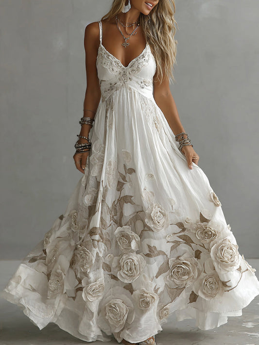 Robe longue à bretelles col en V brodée roses vintage pour femme