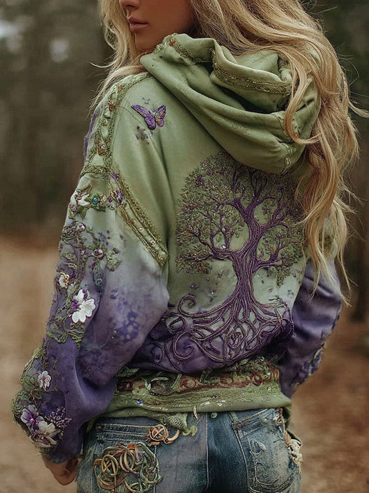 Sweat à capuche confortable dégradé, motif Arbre de Vie viking vintage, pour femmes