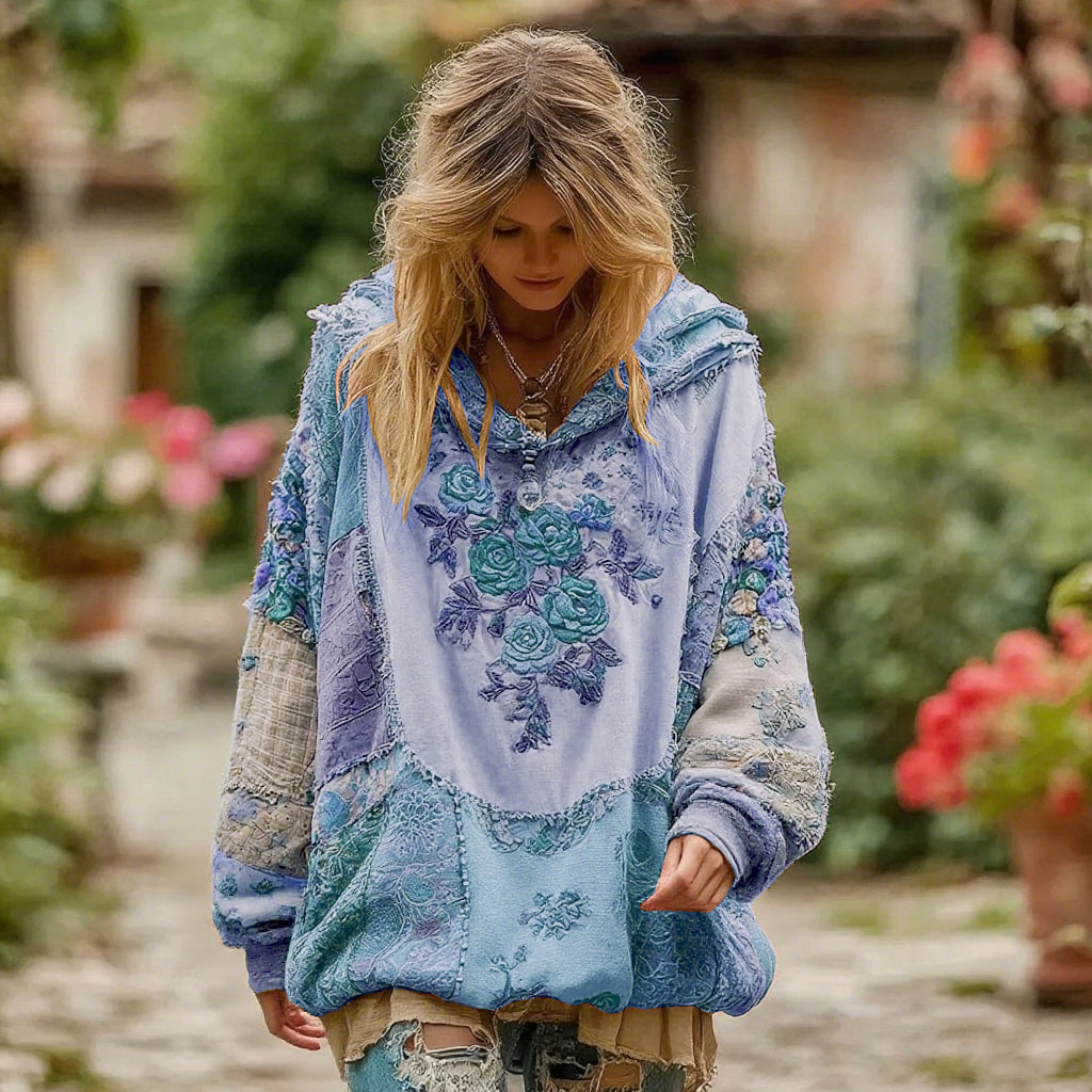 Felpa con cappuccio da donna con motivo floreale vintage