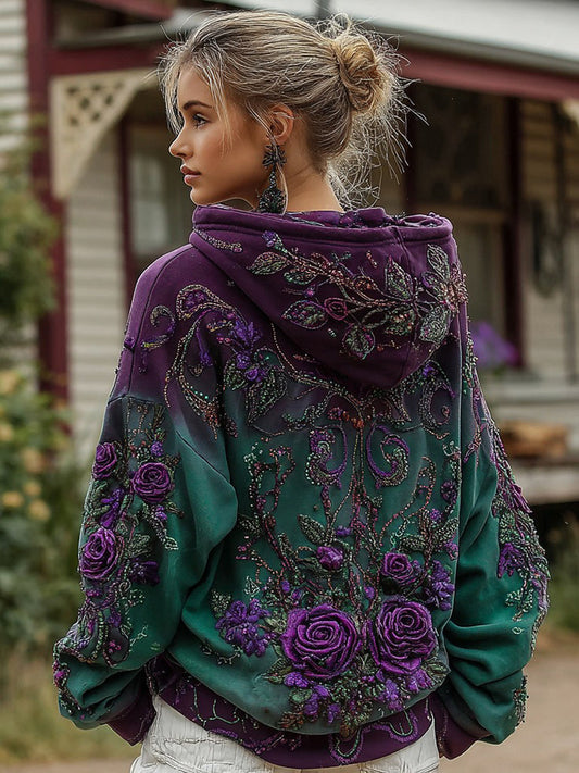 Sweat à capuche décontracté pour femme à motif dégradé rose violet rétro