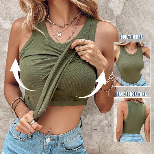 🔥Haut sans manches côtelé à col rond et soutien-gorge intégré, coupe décontractée et confortable