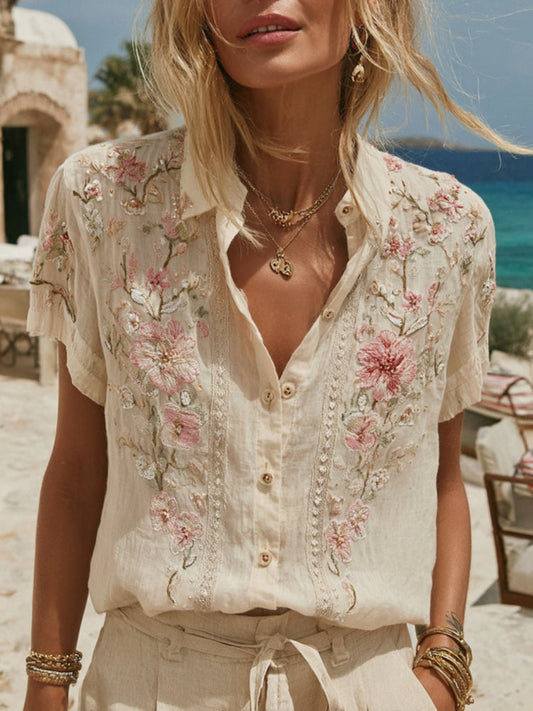 Chemise à manches courtes brodée florale vintage pour femme