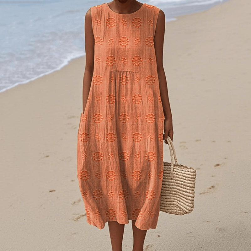 Robe débardeur ample en coton et lin sans manches à imprimé floral vintage