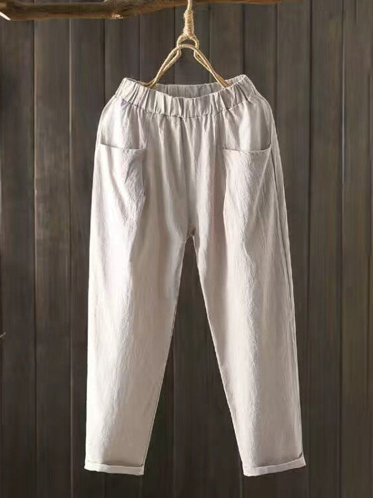 Pantalon Confortable en Coton et Lin à Poches Style Vintage