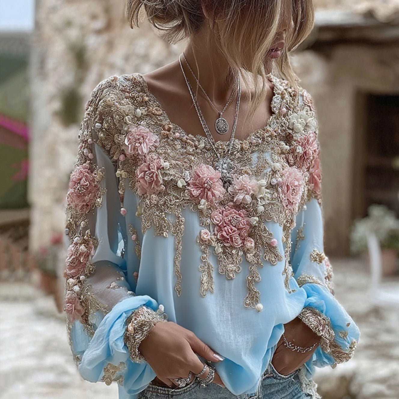 T-shirt en mélange de lin à manches longues et col rond avec broderie rose pour femme