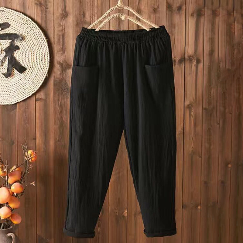 Pantalon Confortable en Coton et Lin à Poches Style Vintage