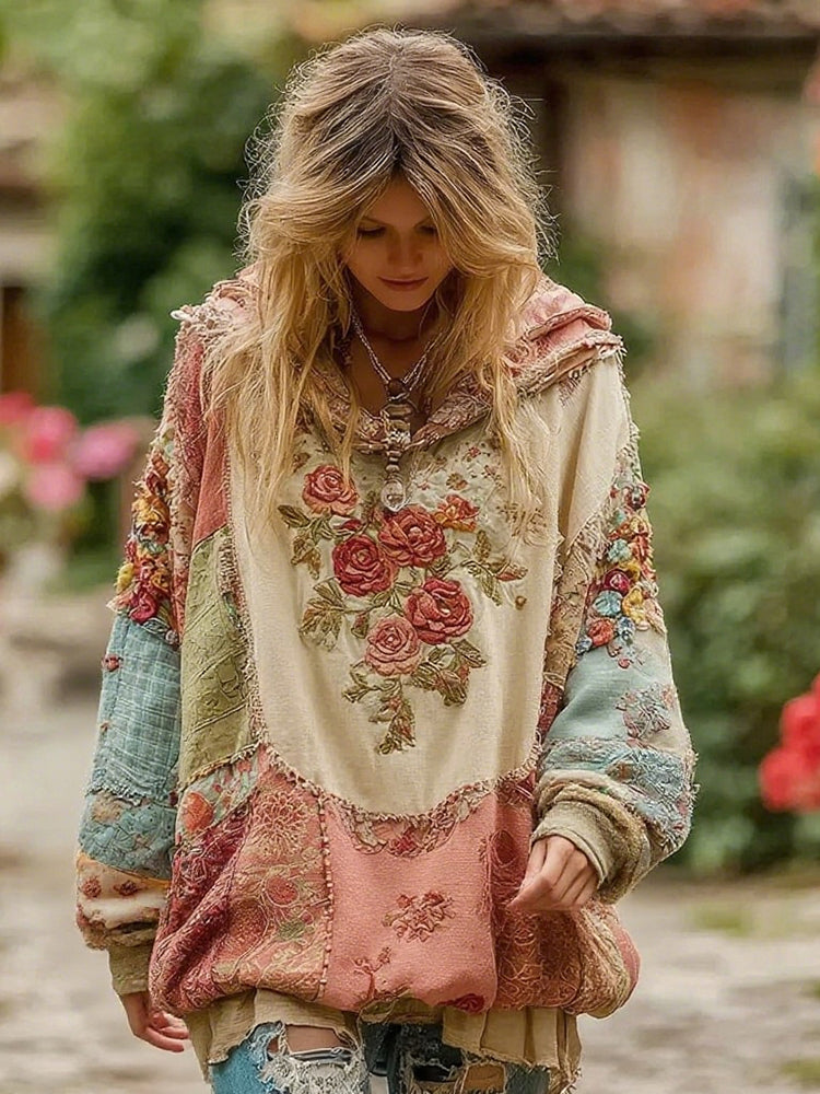 Felpa con cappuccio da donna con motivo floreale vintage