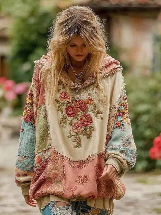 Sweat à capuche vintage à motif floral pour femme