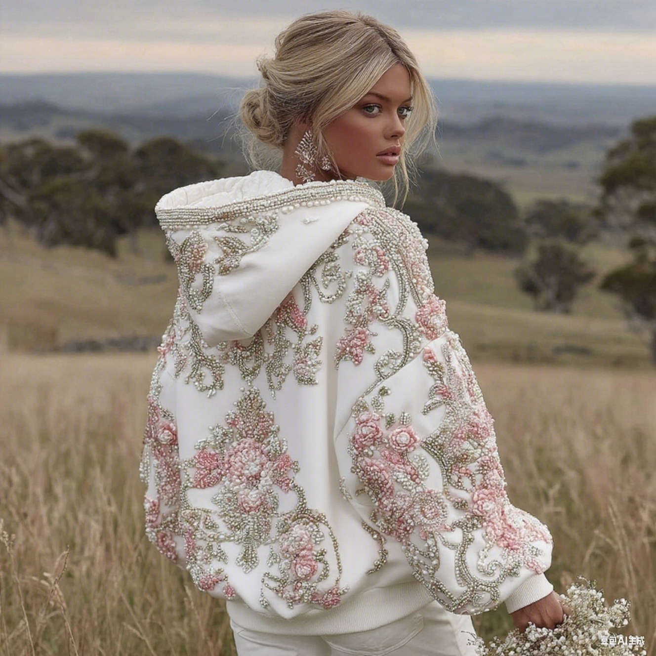 Sweat à capuche à manches longues pour femme avec broderie florale rose