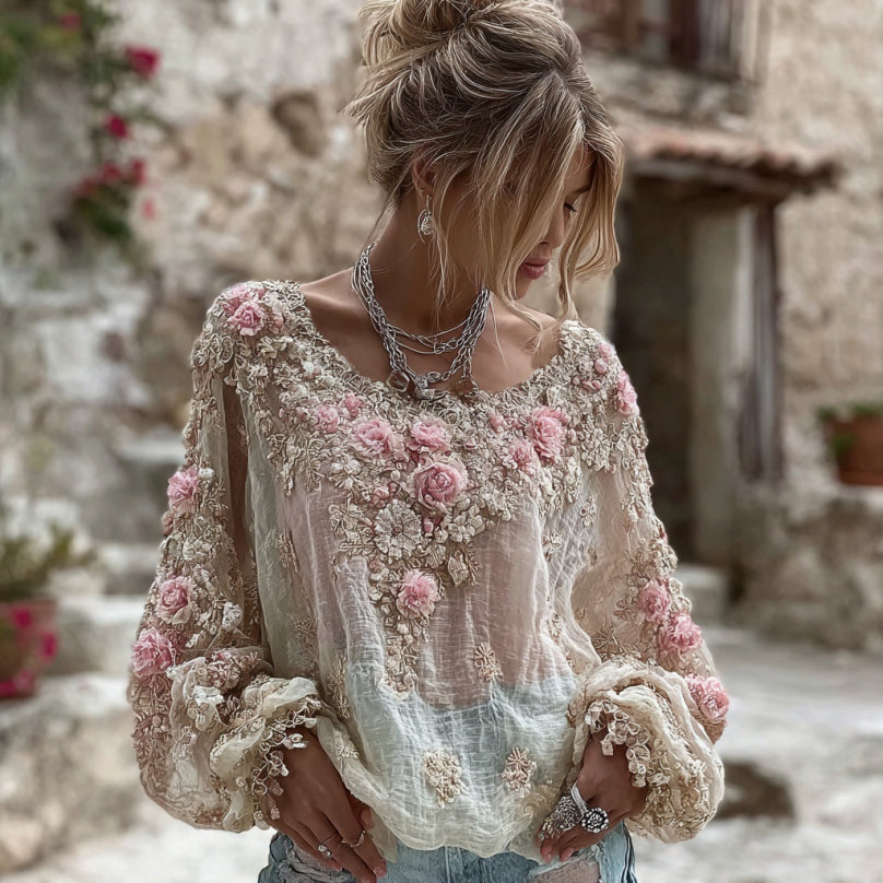 T-shirt en mélange de lin à manches longues, col rond et broderie florale rose vintage pour femme