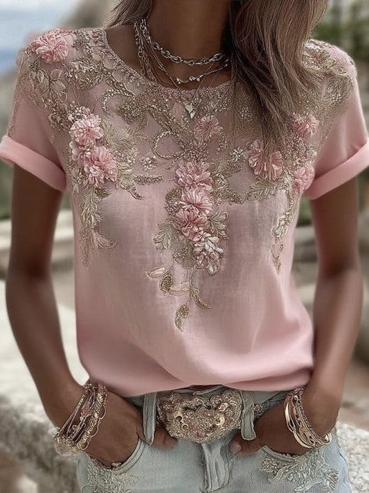 T-shirt en Mélange de Lin à Manches Courtes Col Rond avec Broderie Rose Vintage pour Femme