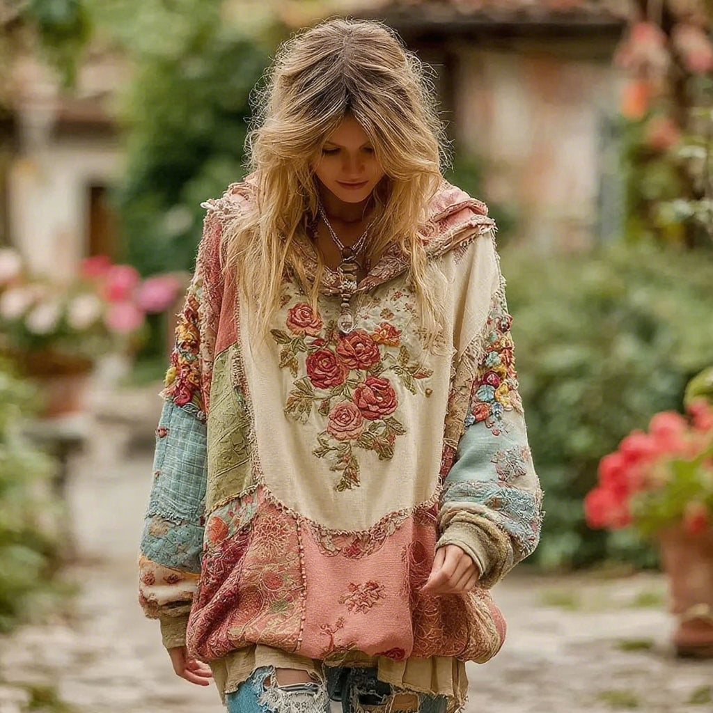 Felpa con cappuccio da donna con motivo floreale vintage
