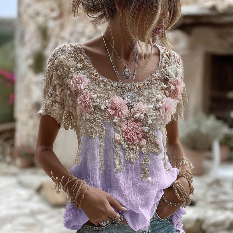 T-shirt Femme Col Rond Manches Courtes Broderie Rose Art Lin Mélangé