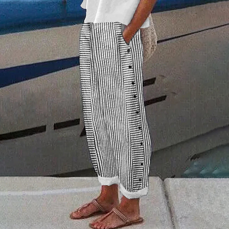 Pantalon Confortable en Coton et Lin Imprimé Rayures Vintage