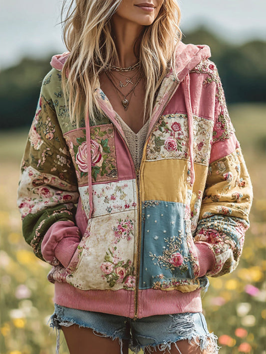 Sweat à capuche zippé douillet et chaud pour femme avec imprimé floral vintage