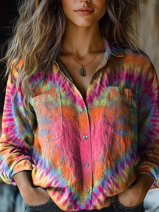 Chemise Tie-Dye Rétro Colorée Cœur pour Femme