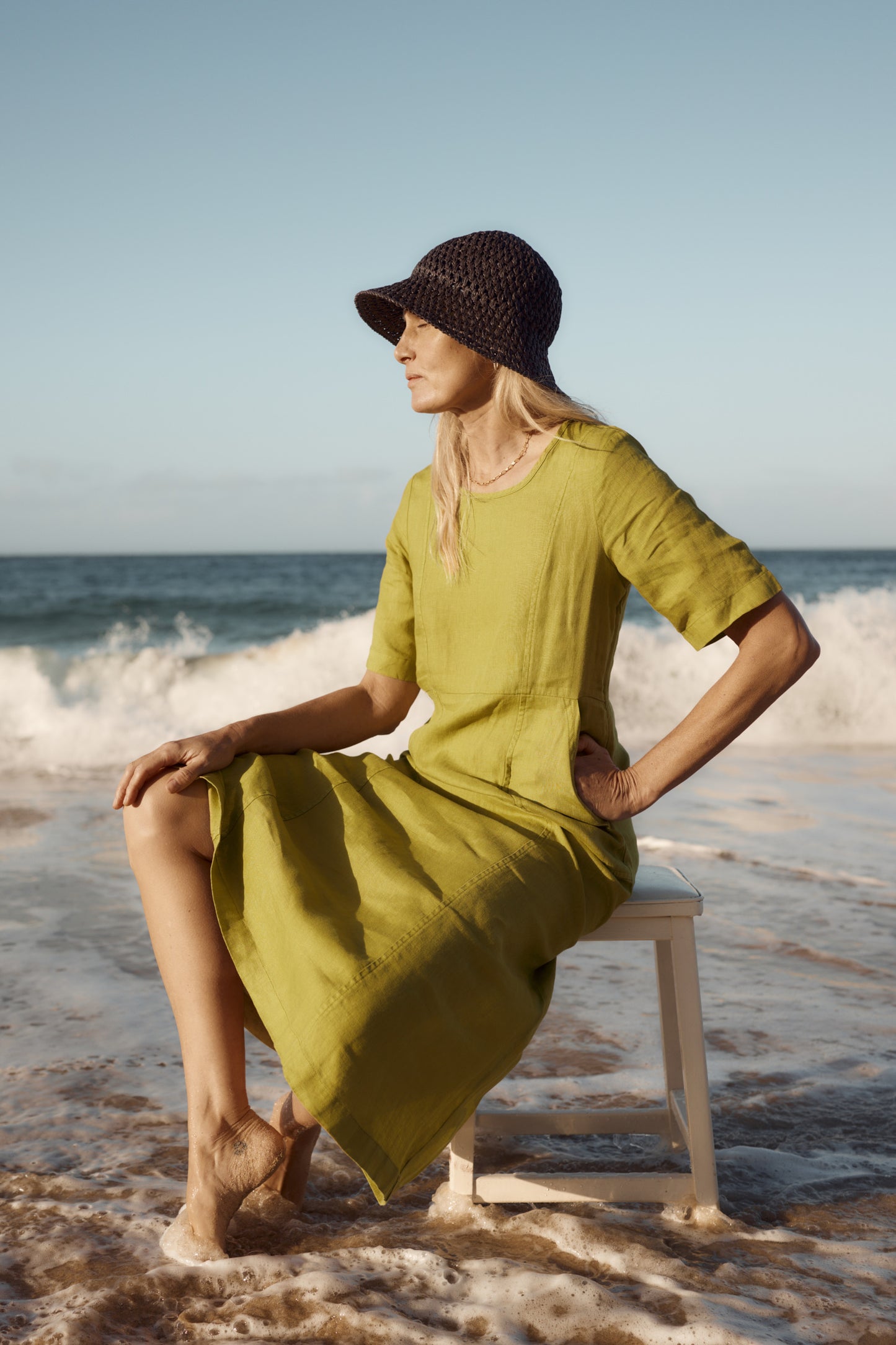 Robe midi en lin motif vagues herbeuses