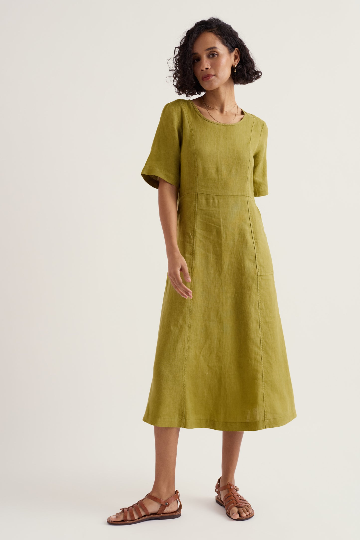 Robe midi en lin motif vagues herbeuses