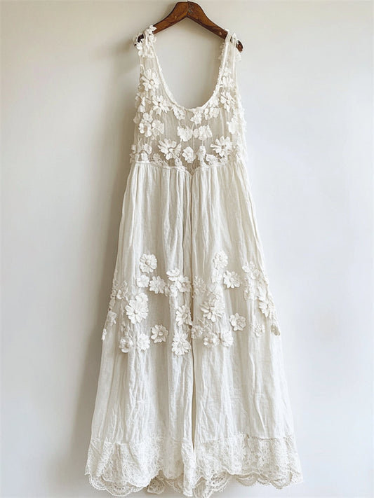 Robe Débardeur en Lin Vintage à Patchwork Dentelle Florale Évidée