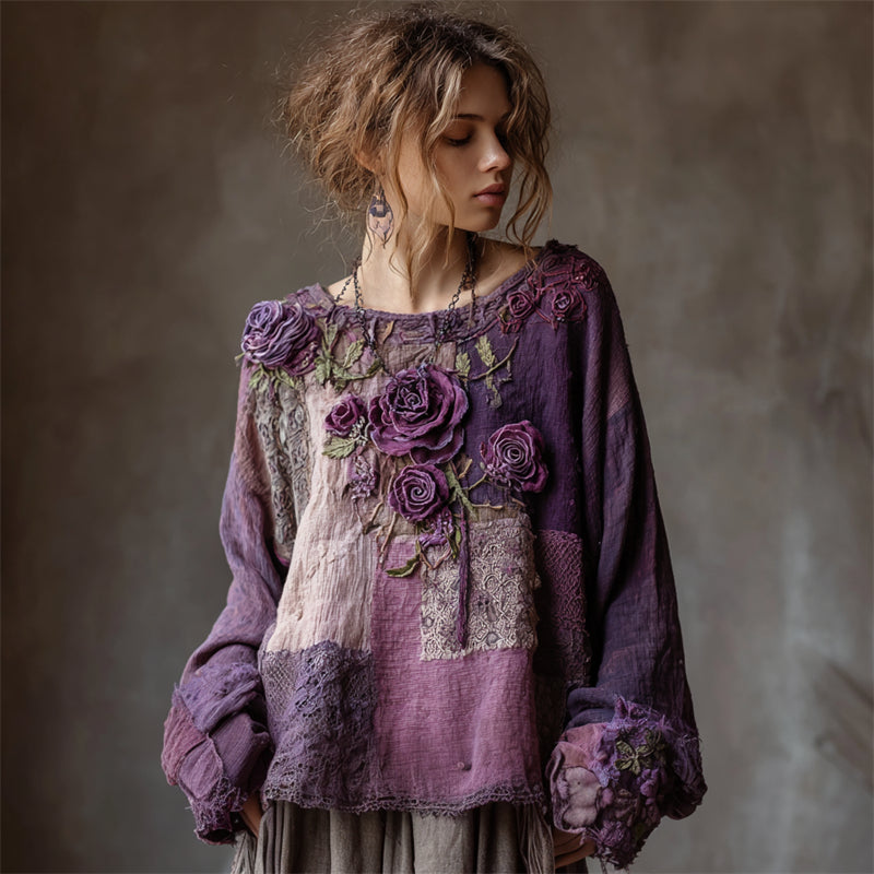 Tunica vintage in lino con patchwork di pizzo boho e rose viola