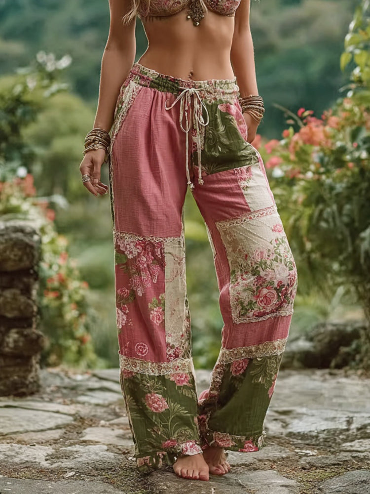 Pantaloni casual da donna retrò con patchwork floreale artistico