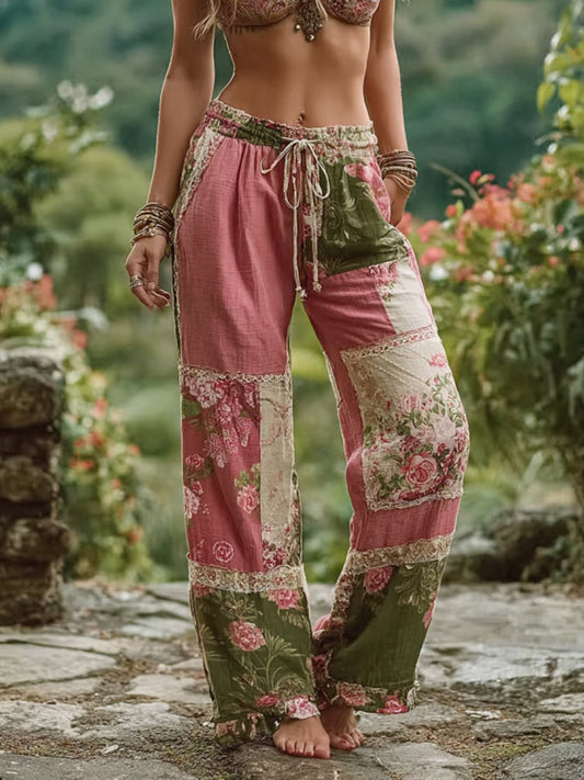 Pantalon décontracté rétro floral patchwork pour femme