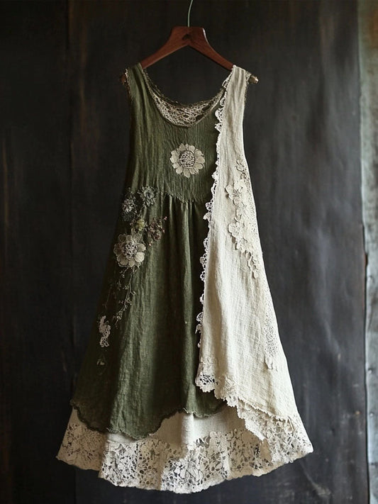 Robe Débardeur Confortable en Lin avec Dentelle Florale Vintage