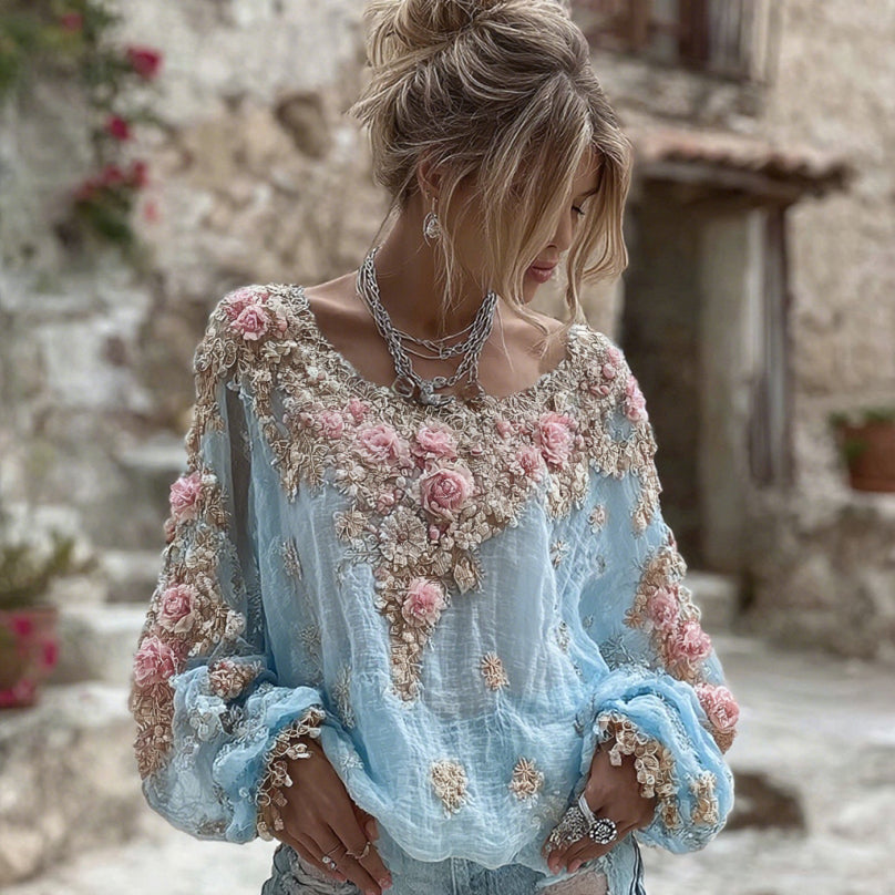 T-shirt en mélange de lin à manches longues, col rond et broderie florale rose vintage pour femme