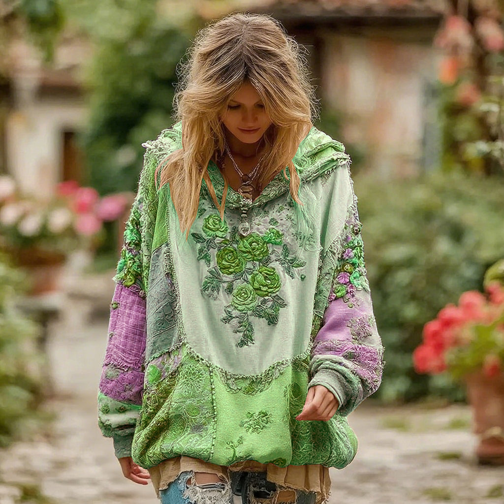 Felpa con cappuccio da donna con motivo floreale vintage