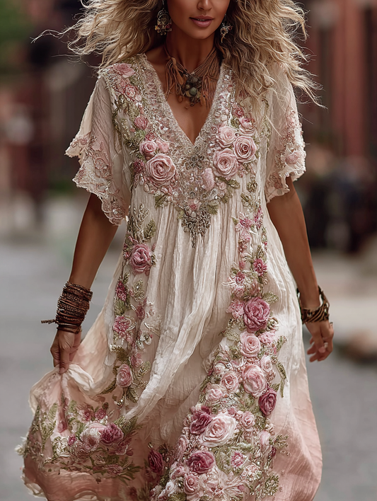 Robe longue en lin confortable pour femme avec broderie de roses et dégradé de rose, style vintage