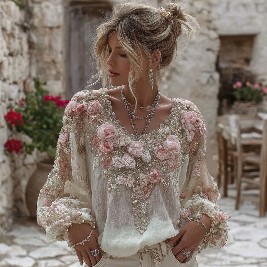 T-shirt Femme Vintage Rose Brodé Col Rond Lin Mélangé