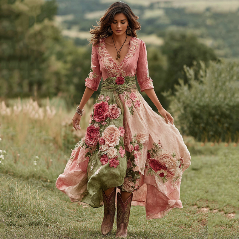 Robe longue vintage pour femme en lin mélangé à col en V et imprimé floral
