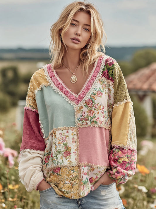 Sweat-shirt douillet et chaud pour femme, style vintage, motif floral et patchwork