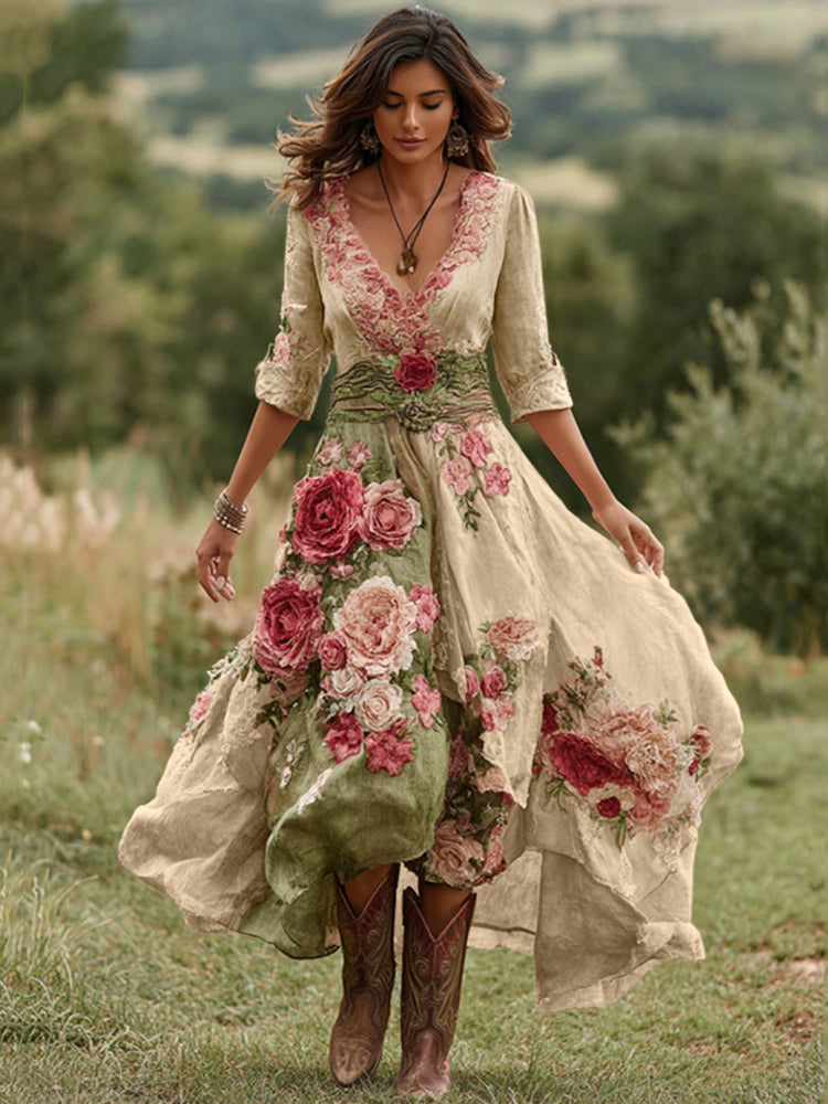 Robe longue vintage pour femme en lin mélangé à col en V et imprimé floral