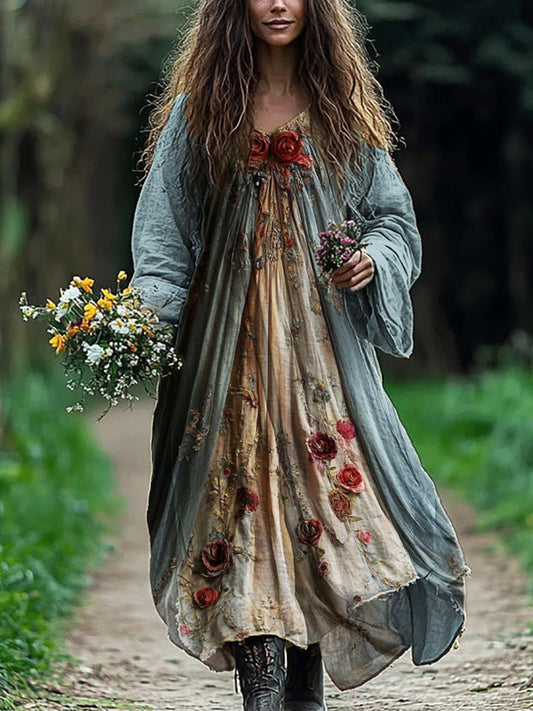Robe longue fluide en mélange de lin motif roses vintage